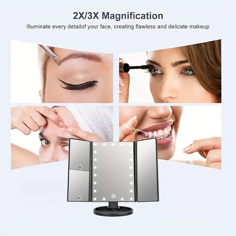 LED Lights 2X 3X Magnification Lighted Makeup Mirror,  Touch Control, Trifold Makeup Mirror, Rechargeable and dimmable light