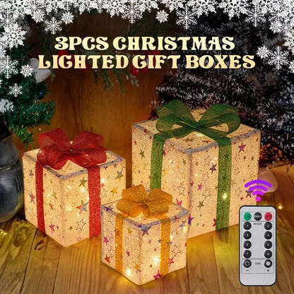 3PCS Christmas Gift Boxes with Luminous Bows