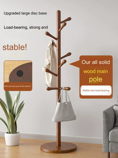 Solid Walnut Wood Floor Coat Rack - 10 Hooks