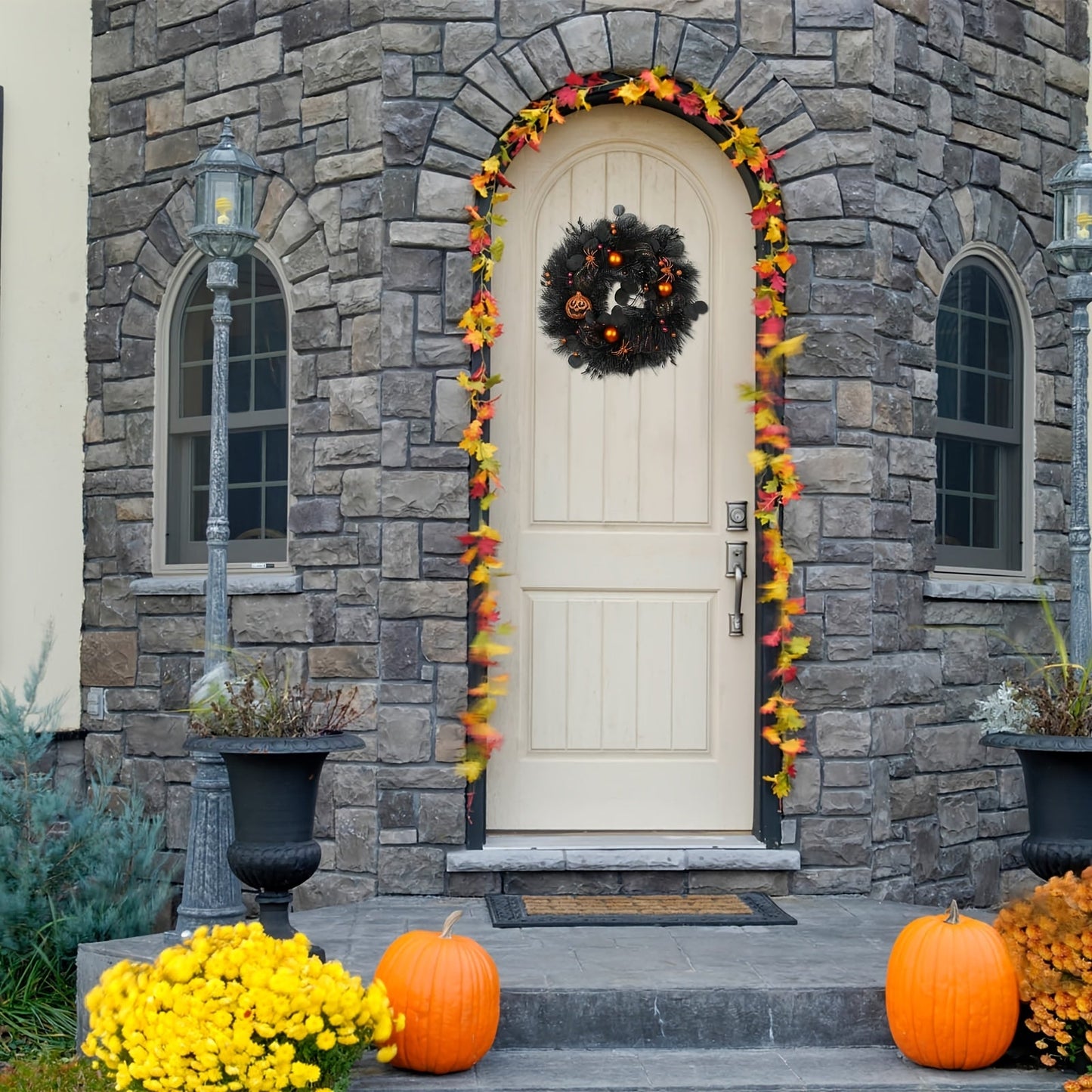 Halloween Black Wreath with Pumpkin Skull