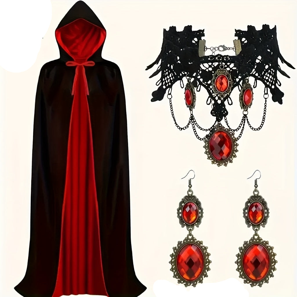 Halloween Vampire Cape Set with Necklace Earrings Hood