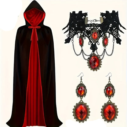 Halloween Vampire Cape Set with Necklace Earrings Hood