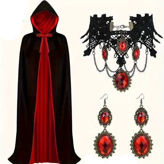 Halloween Vampire Cape Set with Necklace Earrings Hood