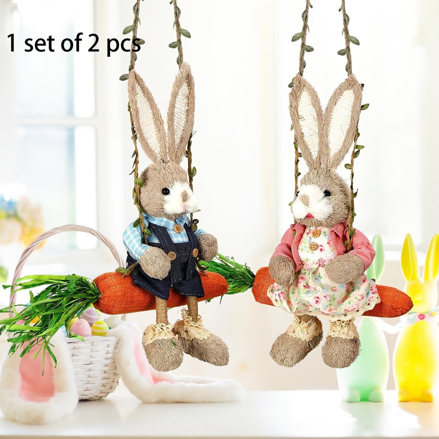 2pcs Easter Hanging Rabbit Statue with Carrot Swing