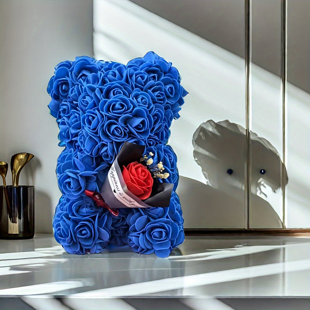Preserved Rose Teddy Bear Floral Gift (Blue)