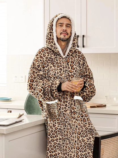 Leopard Print Flannel Hooded Winter Robe Set