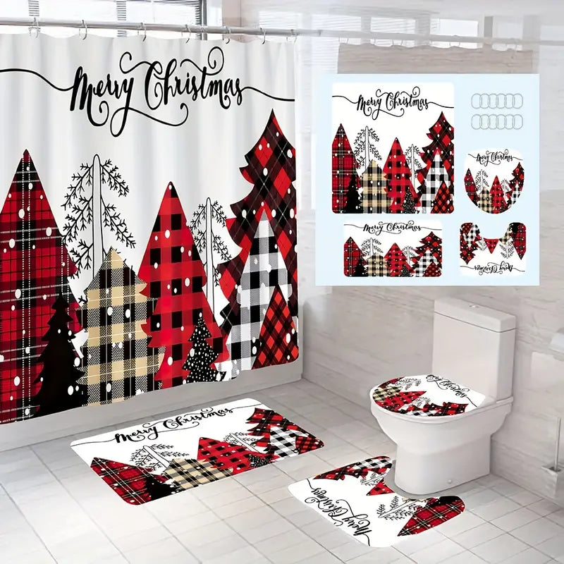 Jolly Tree-Themed Bathroom Ensemble: 4-Piece Festive Christmas Delight
