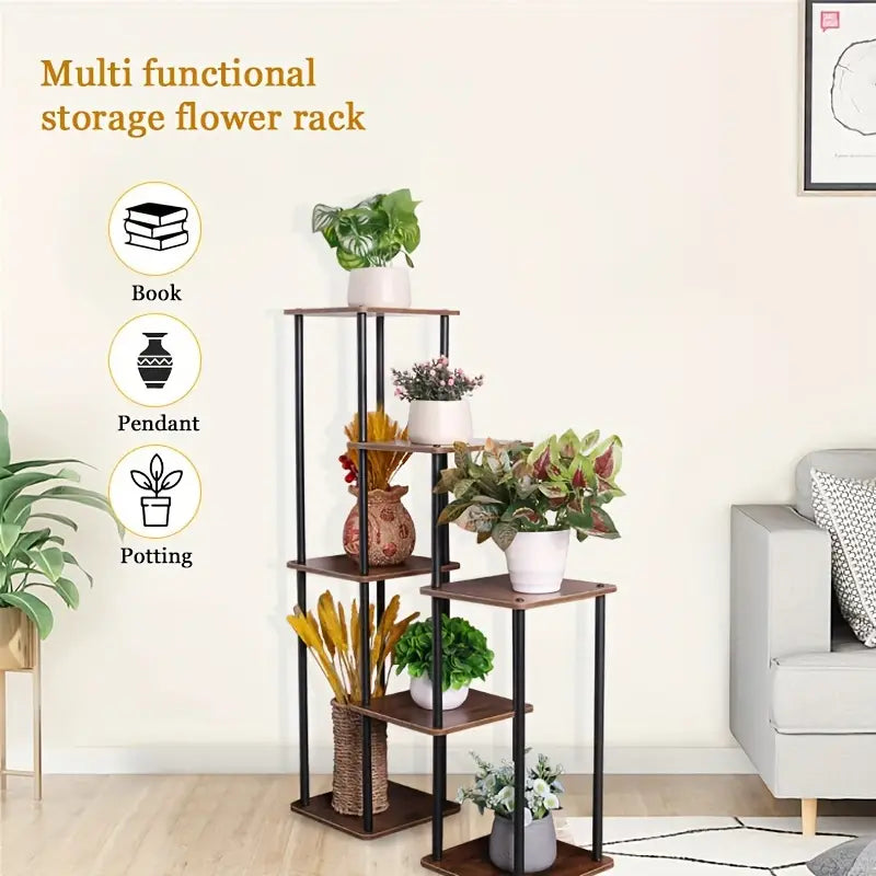 7-Story Indoor Floor Standing Flower Rack - Black Frame Coffee Board