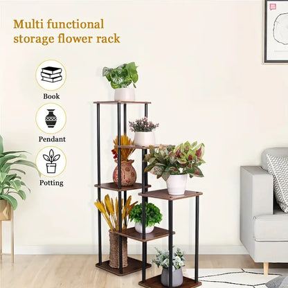 7-Story Indoor Floor Standing Flower Rack - Black Frame Coffee Board
