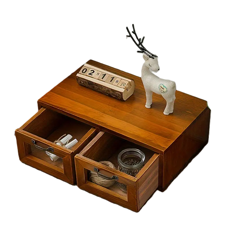 Vintage Wooden Desk Organizer with Glass Drawer - Double Drawer Size