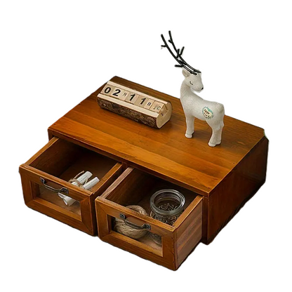 Vintage Wooden Desk Organizer with Glass Drawer - Double Drawer Size