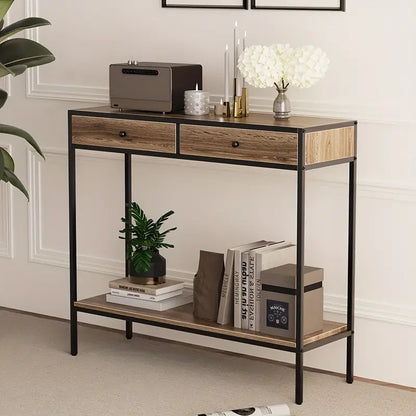 Brown Rectangular Living Room Entryway Table with Shelf and Two Drawers