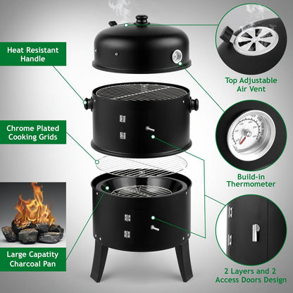 3-in-1 Charcoal Smoker Grill Outdoor BBQ Cooker