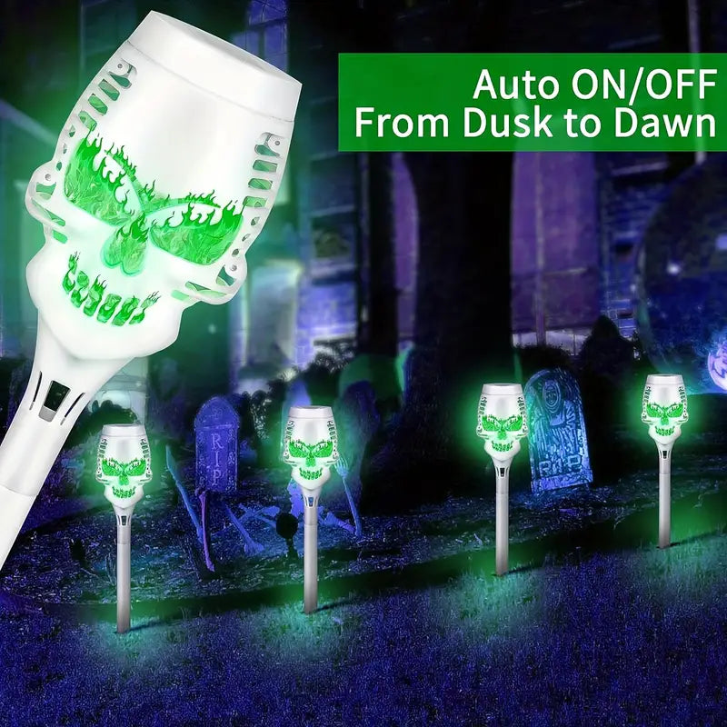 Spooky Solar Torch Set: 4-Pack Skull Lights with Flickering Flame