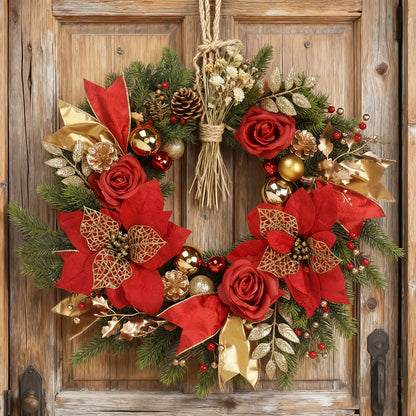 Front Door Christmas Wreath with Red Flowers