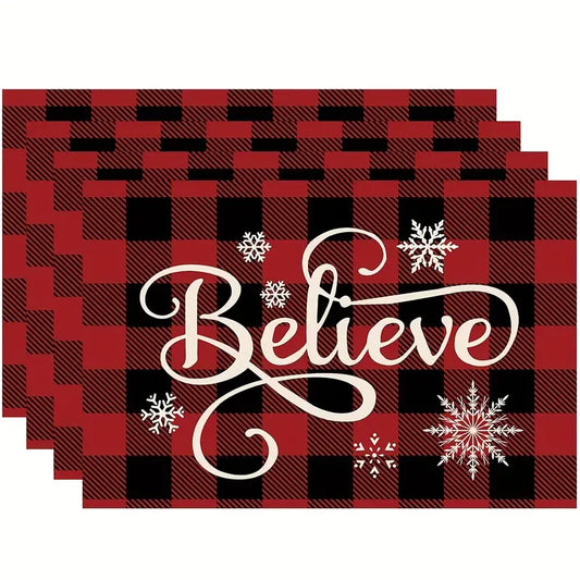 Set of 4 Red & Black Plaid Christmas Polyester Placemats