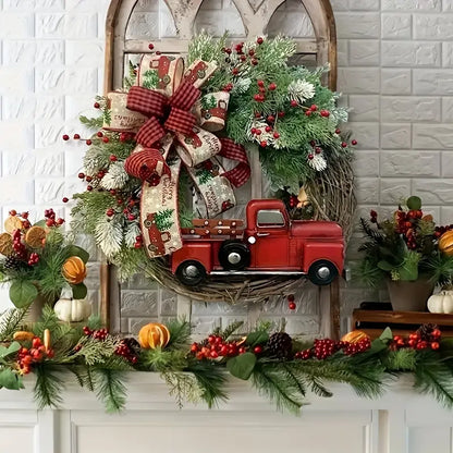 Charming 1pc Christmas Artificial Wreath Red Truck Decoration | Large Door Front Wreath