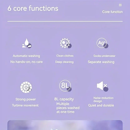 Portable Mini Washing Machine - Collapsible, 8L Capacity, 3 Sterilizing Modes, Purple