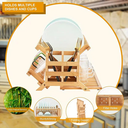 High Quality Natural Bamboo Dish Rack - Foldable and Compact