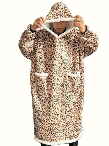 Leopard Print Flannel Hooded Winter Robe Set