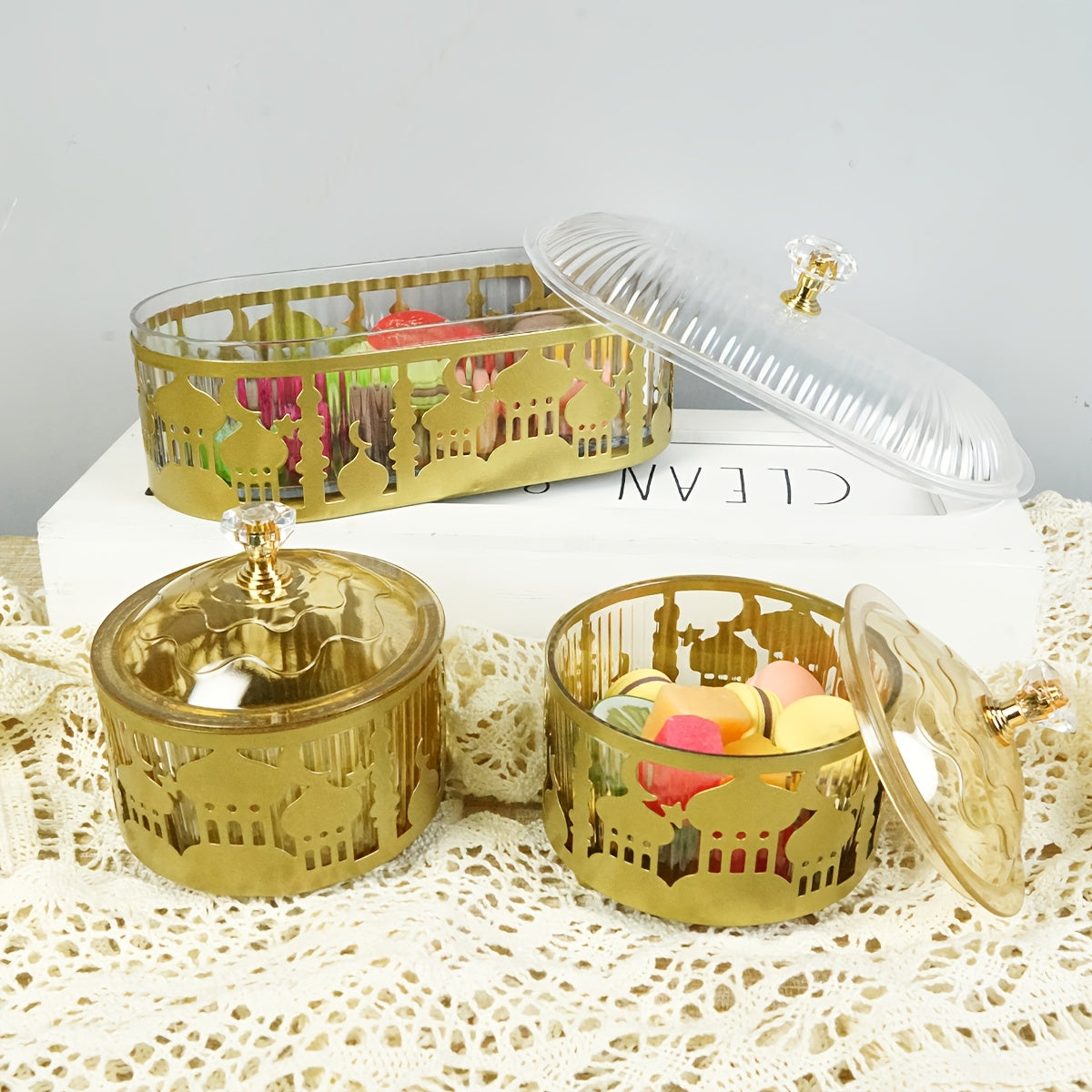 3pcs Metal Ramadan Oval Tray Set Jewelry Organizer