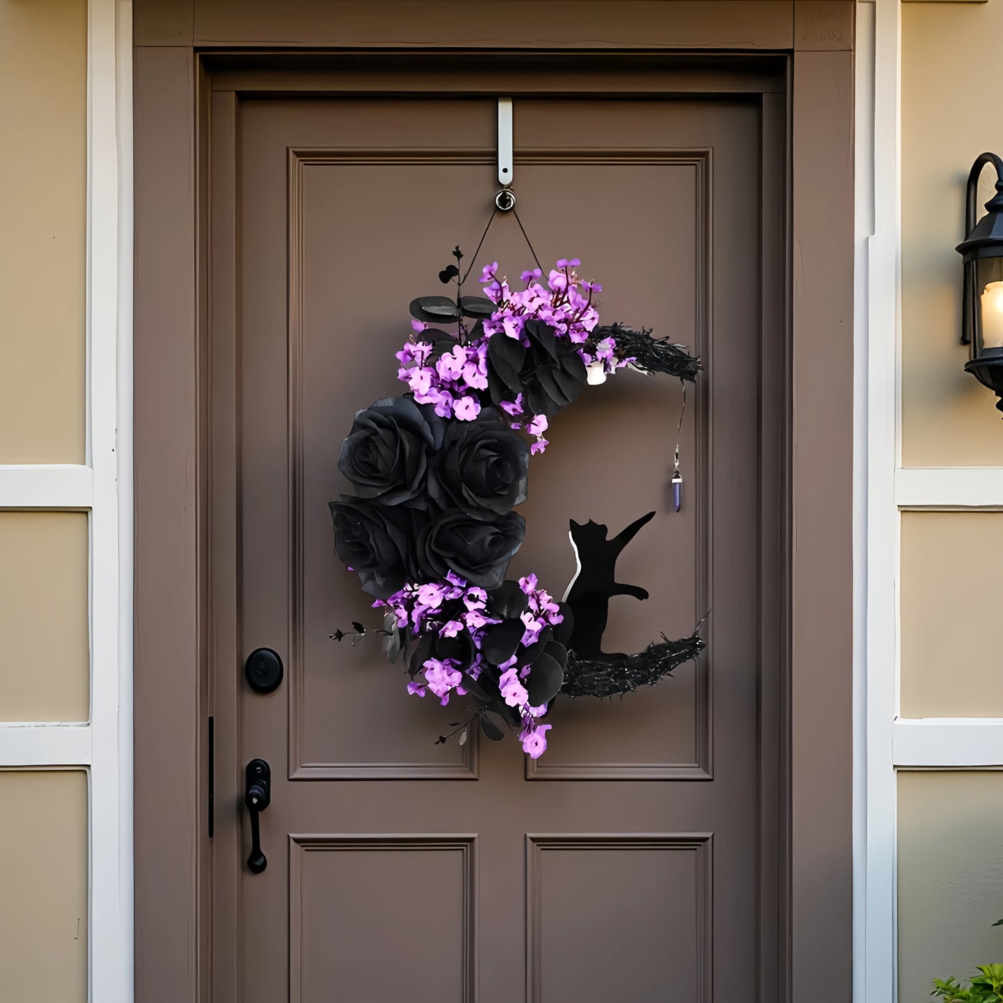 Halloween Black Cat Crescent Moon Wreath