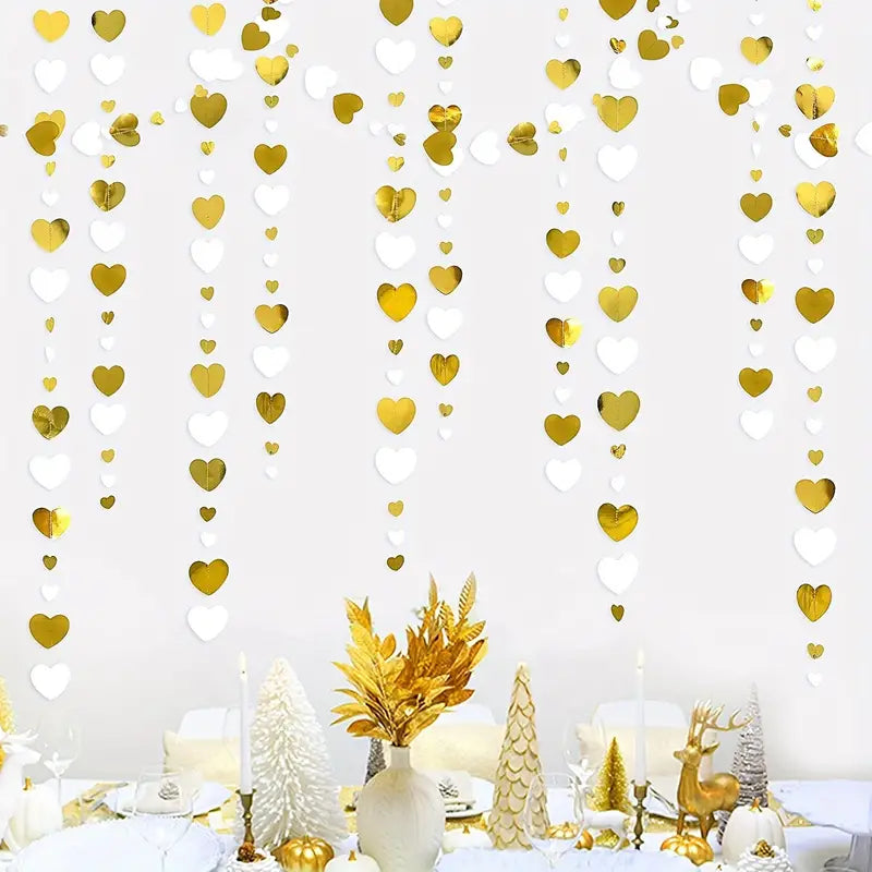 Heartfelt Elegance: 4m White and Golden Heart Shaped Garland
