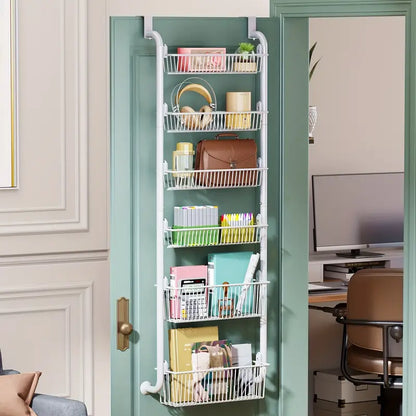 White Multi-Layer Metal Hanging Storage Basket - Over the Door Organizer with 6 Tiers