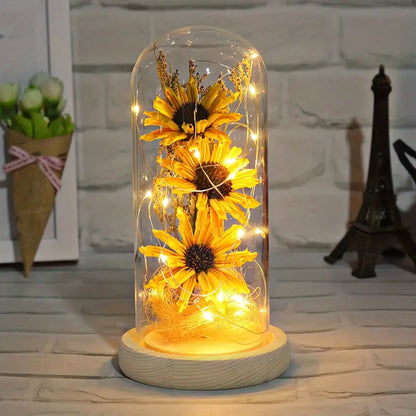 Radiant Christmas Joy: LED-Lit Artificial Sunflower in Glass Dom