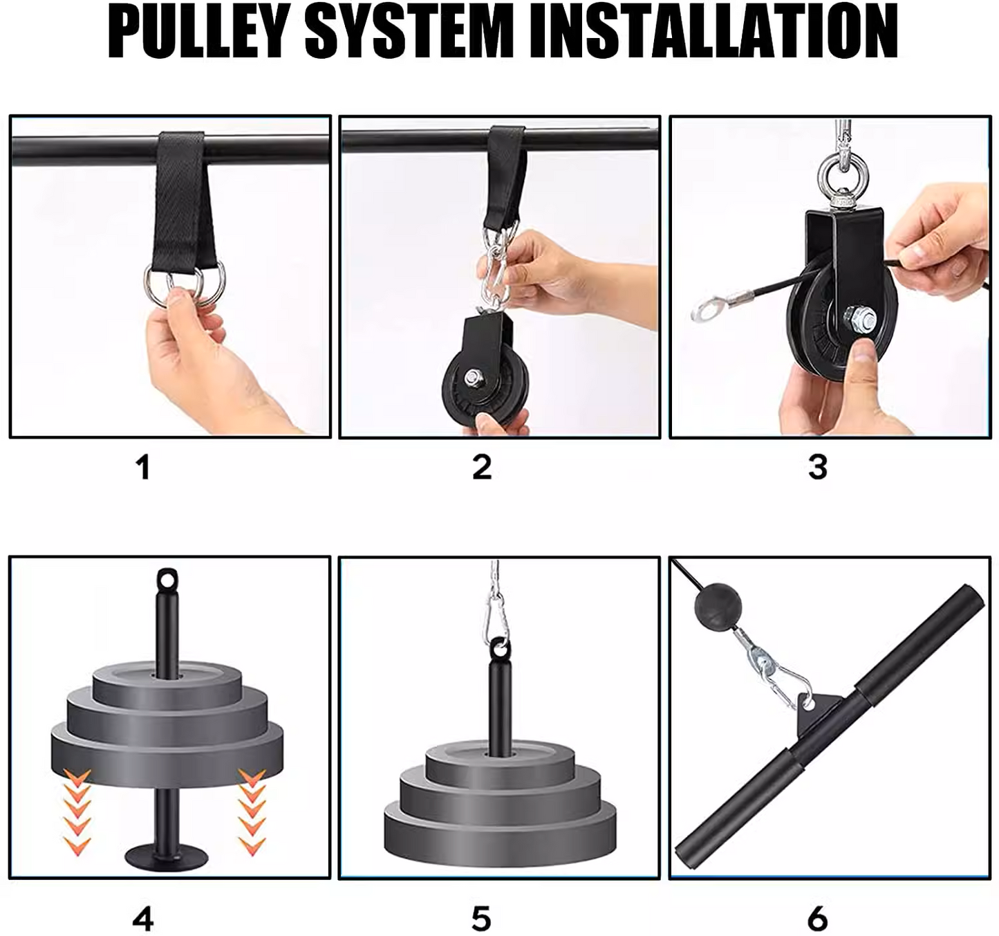 Home Fitness Pulley System – (Single Pulley with Long Pull Rod & 3-Head Rope)