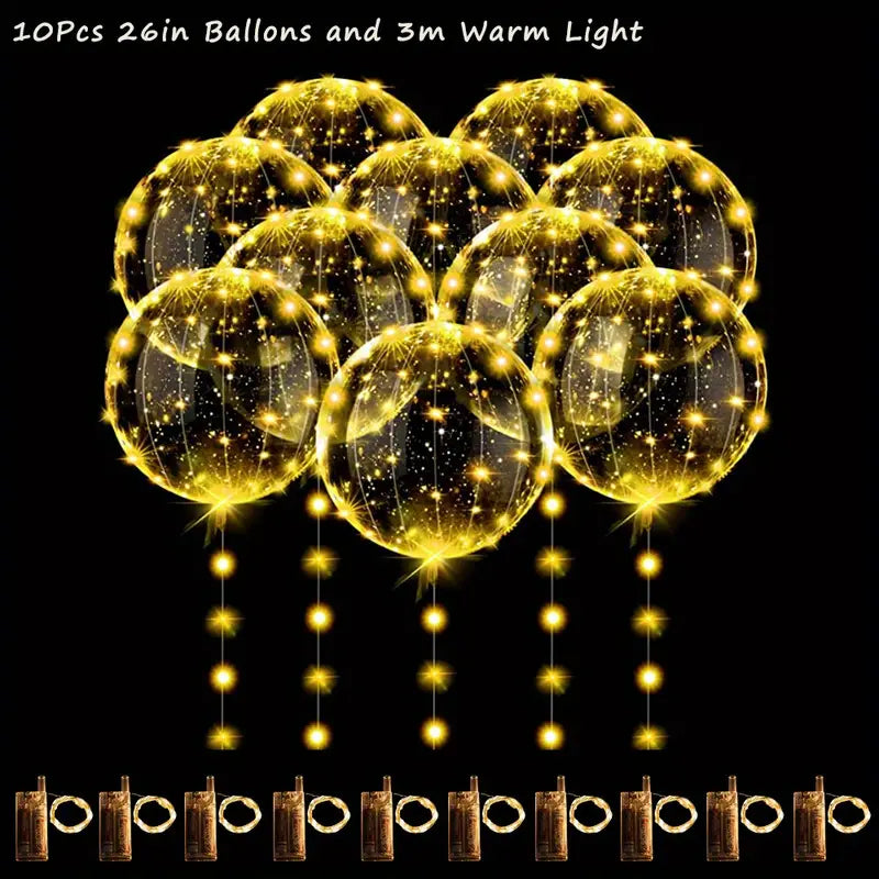 10pcs LED Balloons: Luminous Bobo Light-Up Flashing Helium Balloons(Warm Light)