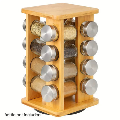 Bamboo Revolving Spice Rack - 16-Jar Countertop Organizer for Kitchen Storage