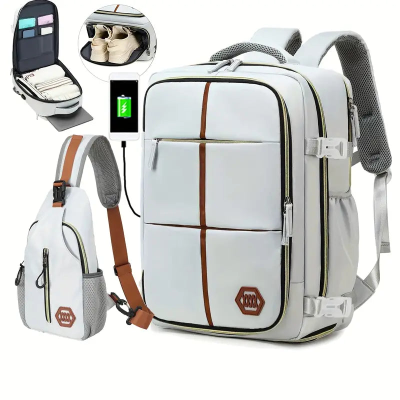 Travel Backpack with Airline-Approved Laptop Compartment and Shoes Compartment - Silver Gray and Chest Bag
