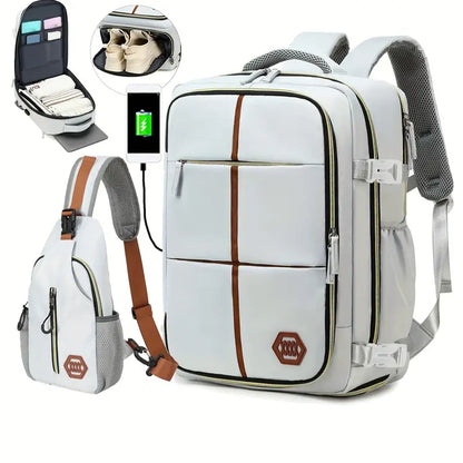 Travel Backpack with Airline-Approved Laptop Compartment and Shoes Compartment - Silver Gray and Chest Bag