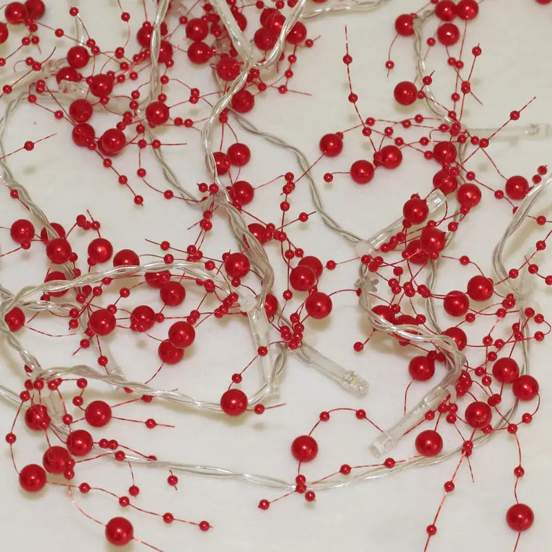 Red Pearl Chain String Lights - 20 LED Lighted Berry Beaded Garland