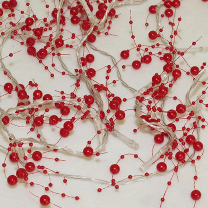 Red Pearl Chain String Lights - 20 LED Lighted Berry Beaded Garland
