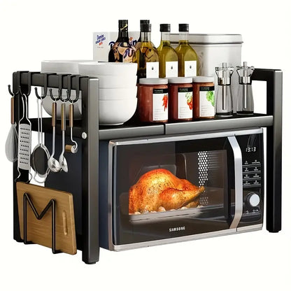 Retractable Microwave Oven Storage Rack - Single Layer, Countertop Bracket Shelf (Black)