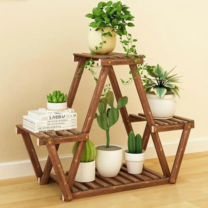 Wooden Triangular Plant Stand - Multi-Tier Flower Display Holder