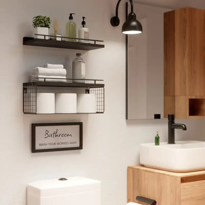 Rustic Charm: Wood Bathroom Shelves with Storage and Towel Bar