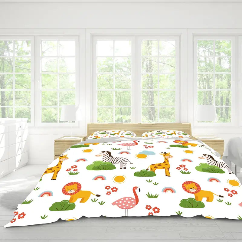 Cartoon Animal Microfiber Duvet Cover Set - Lion, Flamingo, Deer, Zebra Print (3pcs)