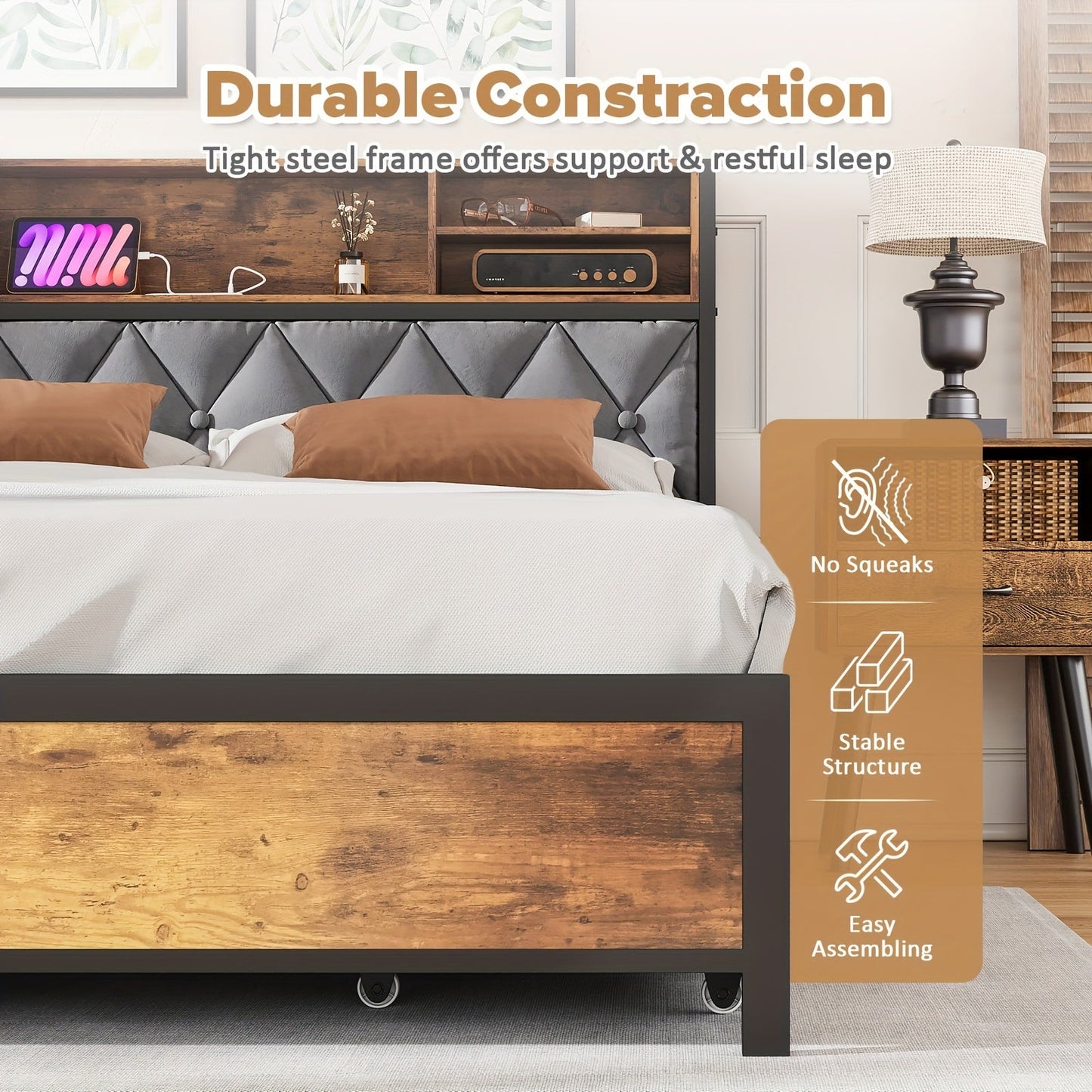 Queen Size Bed Frame with Drawers, Shelf, Headboard & Charging Station(Brown)