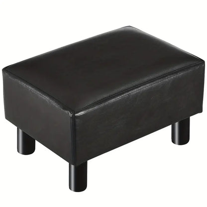 Small Wooden Leg Ottoman: Black PU Faux Leather Footrest
