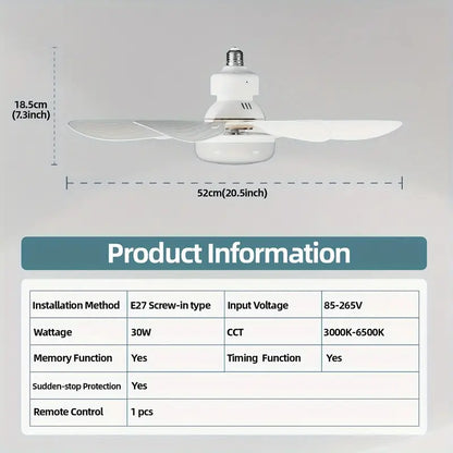 1pc Dimmable Socket Fan Ceiling with Remote Control - Traditional Style, White