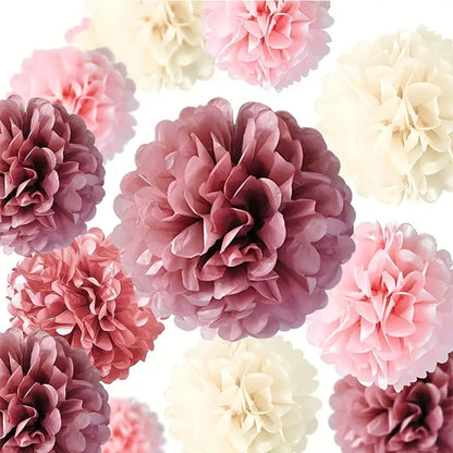 Dusty Rose Blush Pink Tissue Pom Poms Flowers Set - 15pcs Lotus Root Paper Flowers