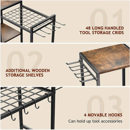 Garden Tool Rack with Wooden Shelves