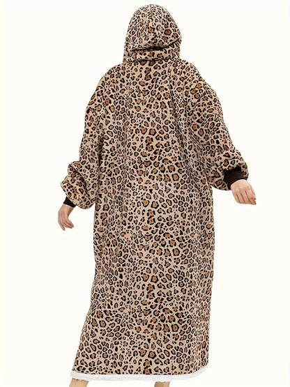 Leopard Print Flannel Hooded Winter Robe Set