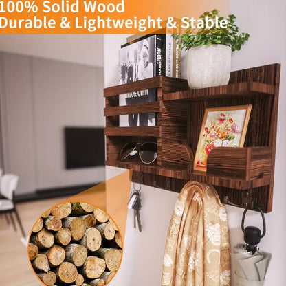 Traditional Wooden Wall-Mounted Storage Shelf with Hooks