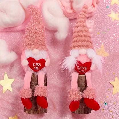 Romantic Handmade Plush Valentine's Day Gnome Decor Set - Long Leg Love Heart Design