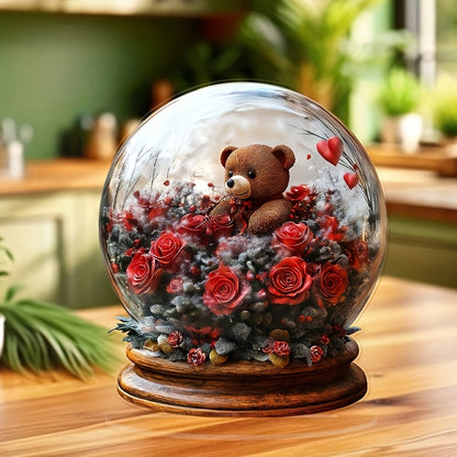 Acrylic Crystal Ball Ornament with Teddy Bear and Roses