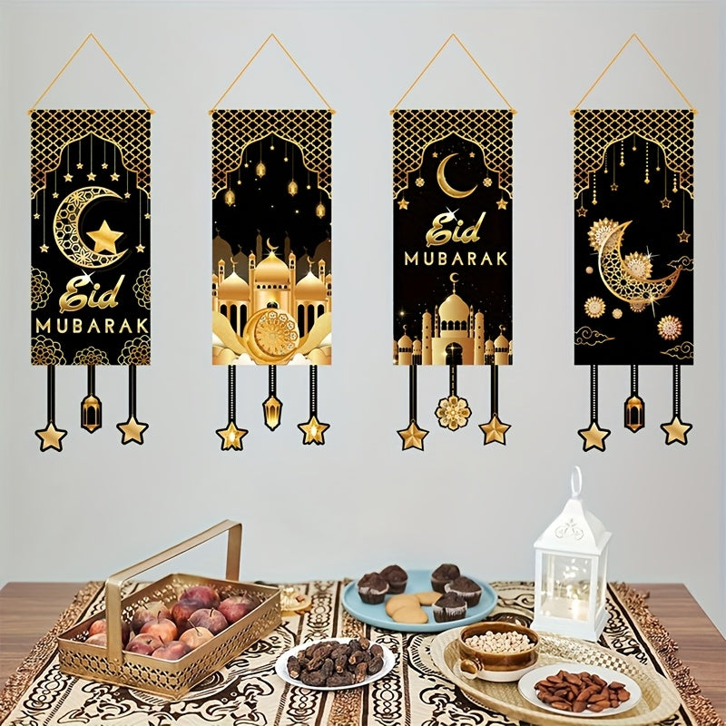 4pcs Black Golden Moon Islamic Hanging Flags